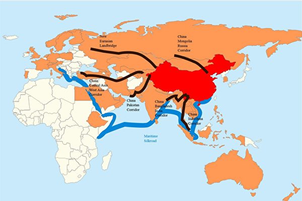 “一带一路”线路示意图。黑色线条代表“六大经济走廊”,蓝色线条代表“21世纪海上丝绸之路”,橙色区域为亚投行成员。(Kjerish/Wikimedia commons)