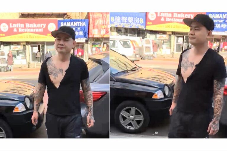 这名纹身的攻击者2022年2月10日下午在光天化日之下,暴力破坏位于纽约法拉盛黄金商场外面的法轮功真相暨退党服务点。(全球退党服务中心)