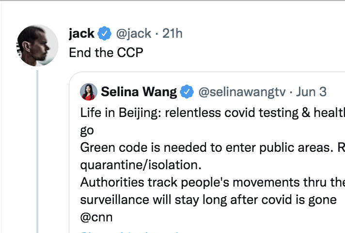8月6日,推特的創始人、前首席執行官傑克‧多西(Jack Dorsey)發帖說 「End the CCP (結束共產黨)」,引發關注。(推特截圖)